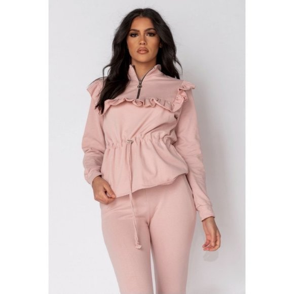 Pink Long Sleeve High Neck Frill Detail Top and Jogger Pants Two Piece Set - Picture 2 of 11